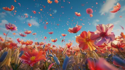 A Surreal scene of vibrant flowers and petals magically floating against a clear blue sky in a dreamy meadow.