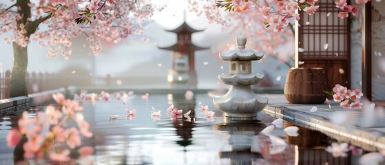 A Tranquil water-themed display stand adorned with cherry blossoms