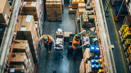 A Two workers manage packaging and processing orders in a busy warehouse environment.