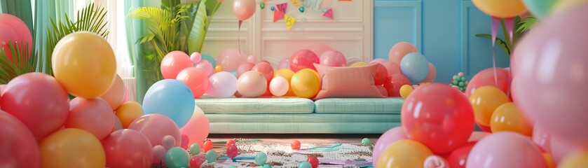 Fototapeta na wymiar A vibrant and joyful party room filled with an abundance of colorful balloons and a cozy pastel-colored sofa.