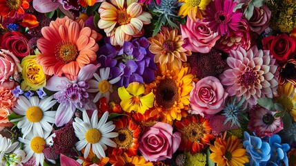 A vibrant collection of fresh flowers showcasing a variety of shapes sizes