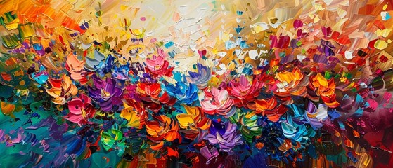 A vibrant abstract oil painting displaying a burst of colorful flowers with expressive brush strokes and rich texture.