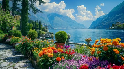 A Vivid garden flowers in full bloom with the serene beauty of a mountainous lake landscape in the background. - obrazy, fototapety, plakaty