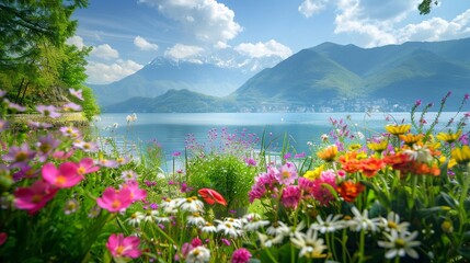 A Vivid garden flowers in full bloom with the serene beauty of a mountainous lake landscape in the background. - obrazy, fototapety, plakaty