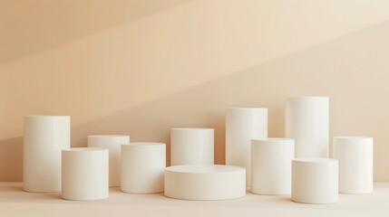 An arrangement of plain white cylindrical display pedestals against a soft beige background