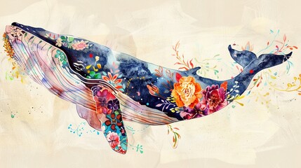 An Artistic watercolor illustration of a whale adorned with a vibrant floral pattern