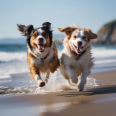 Playful dogs running on a sandy beach.