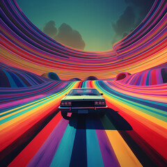 Retro car driving on a rainbow road.  - obrazy, fototapety, plakaty