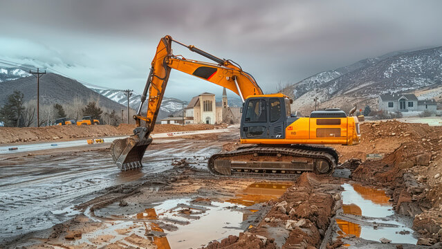 An Excavator Amidst the Construction Efforts Close to a Historic Church