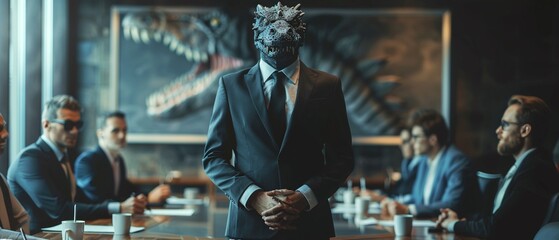 Monster in a business suit leading a team meeting - obrazy, fototapety, plakaty