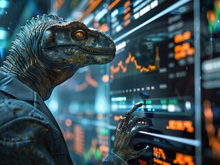 Monster in a business suit analyzing stock market trends on digital screens - obrazy, fototapety, plakaty
