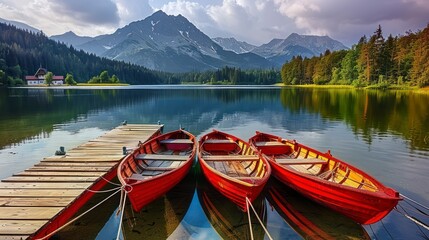 Red Boats Moored by the Pier Against the Majestic Backdrop of a Mountain Lake in the National Park