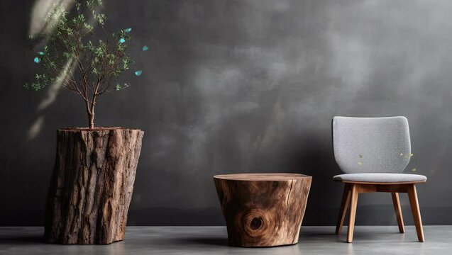 Tranquil Haven: A chair nestled beside a soothing grey wall in a cozy living room, exuding tranquility and comfort, ide  Seamless looping 4k time-lapse virtual video animation background. Generated AI
