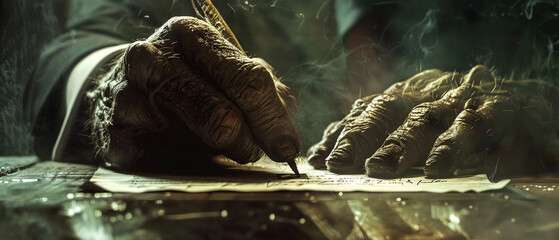 Close-up of a monstrous hand signing a pivotal business contract - obrazy, fototapety, plakaty