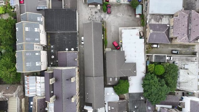 Top Down Aerial View, Streets and Homes in Downtown Kirkwall, Orkney Scotland UK