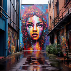 Naklejka premium Vibrant street art in an urban alley. 