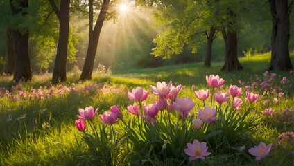 Spring Garden Blooms and Morning Sunlight