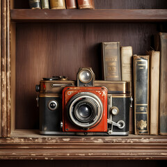 Vintage film camera on a weathered bookshelf. 