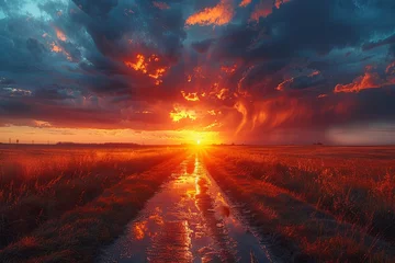 Fotobehang A Sunset Journey Through Stormy Skies © Pixel Alchemy
