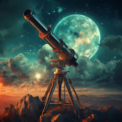 Vintage telescope observing a cosmic event. - obrazy, fototapety, plakaty