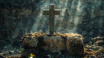 Forgotten Gravestone Cross in Mystic Light - obrazy, fototapety, plakaty