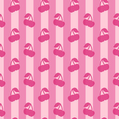 Purple  vertical stripes and pink cherry seamless background