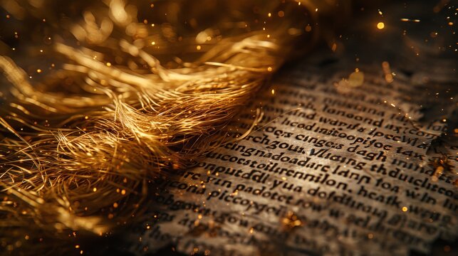 Glowing Threads of the Golden Fleece Over Text