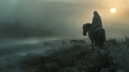Misty Morning: The Horse Herder's Solace - obrazy, fototapety, plakaty