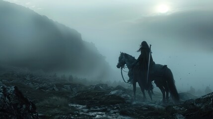 Obraz na płótnie Canvas Spectral Rider: Through the Battlefield's Mist