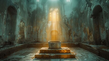 Abandoned Sanctuary with Mystical Grail Bathed in Light - obrazy, fototapety, plakaty