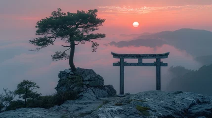 Foto op Plexiglas Mystical Sunrise Behind a Torii Gate at a Mountain Summit © David