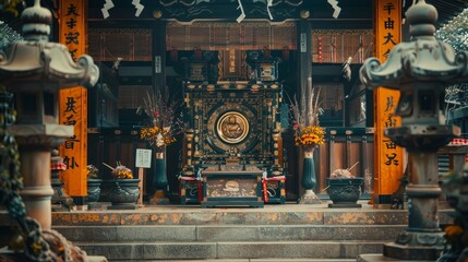 Sacred Shinto Shrine Altar with Traditional Lanterns and Offerings