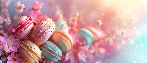 Fototapete Rund Spring decorative background of flowers, macarons and Easter eggs © Serhii