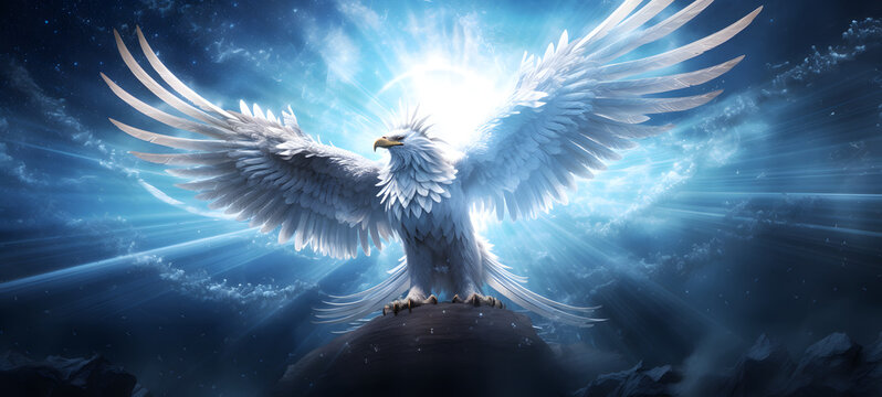 photograph of a white garuda adorned in celestial sun and moon, ai generative