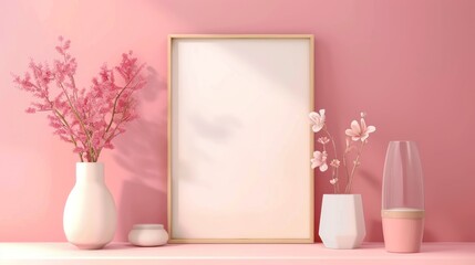3D blank photo frame Mockup design isolated floral pastel background with text space.