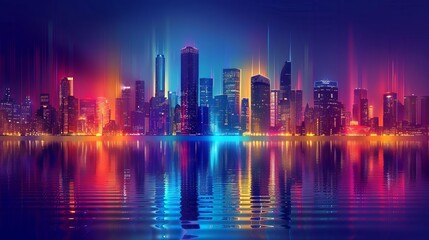 Fototapeta premium Neon city skyline at night with reflection in water, vibrant urban landscape, vector illustration