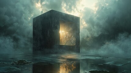 Enigmatic Cube with Radiant Portal - obrazy, fototapety, plakaty