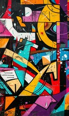 Graffiti art on colorful urban wall with spray paint, grunge texture, and vibrant design