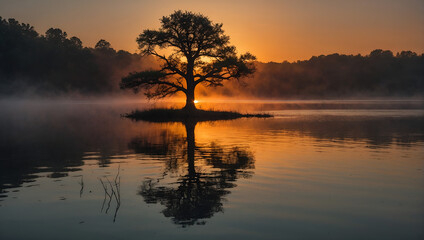 Fototapeta na wymiar Sunset Over Lake with Lone Tree