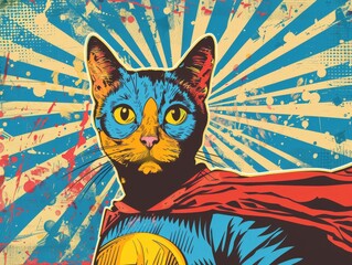Pop art of a cat in a superhero costume heroic