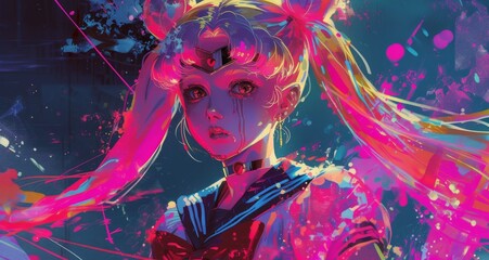 Sailor Warrior in a Neon Dreamscape - obrazy, fototapety, plakaty