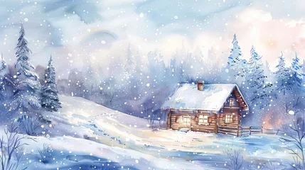 Fotobehang Watercolor illustration of a cozy winter house on a snowy landscape, christmas card concept © Bijac