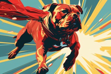 Pop art, Playful English Bulldog be a hero, illustration 