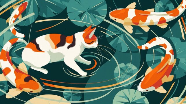 Art of a cat try to fishing in a koi pond serene