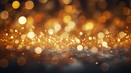 Fototapeta na wymiar Abstract festive dark background with golden glitter and bokeh