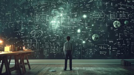 2D illustration of mathematician solving complex equations on chalkboard, concept of math and problem-solving - obrazy, fototapety, plakaty