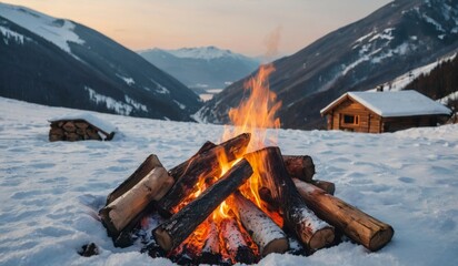 camping fireplace with burning firewood in mountains in snowy winter day. Wintertime. Winter Holiday and travel concept