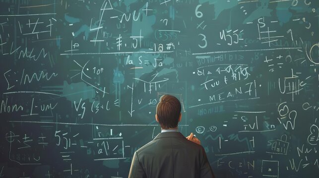 2D illustration of mathematician solving complex equations on chalkboard, concept of math and problem-solving