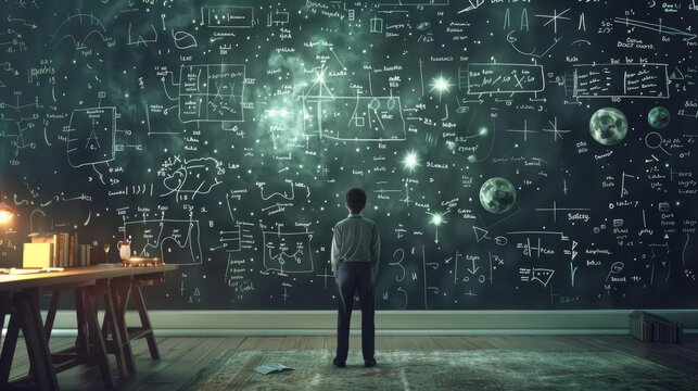 2D illustration of mathematician solving complex equations on chalkboard, concept of math and problem-solving