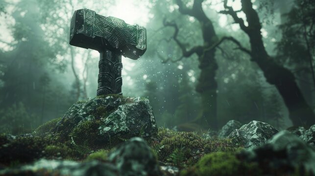 Thor's Hammer Mj&ouml;lnir in a Rainy Forest - Norse Mythology Comes Alive